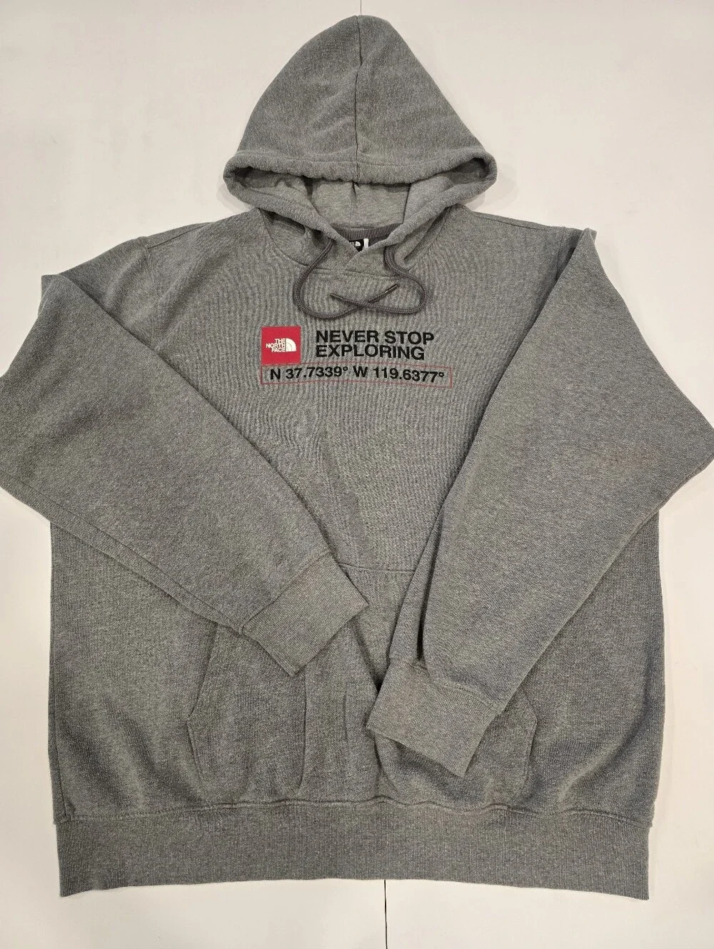 The North Face Gray Pullover Hoodie with Red Logo & Black Text Mens XL